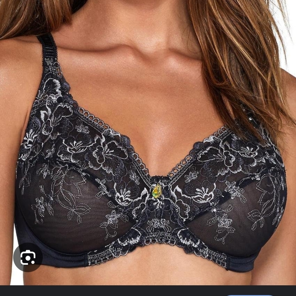 Creme Bralee 36DD Black Lace Underwire Bra Floral Embroidered Sheer Lingerie